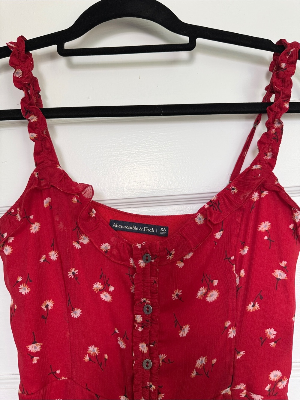 Abercrombie & Fitch Red Floral Ruffle-Neck Cottagecore Boho Dress Sz XS - Picture 4 of 11